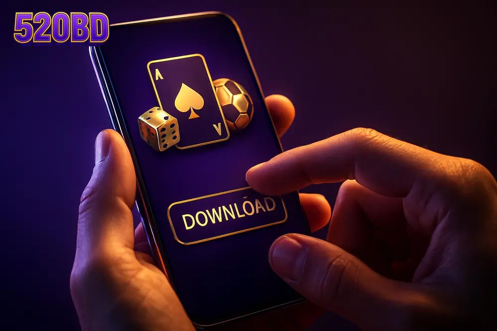 520BD App Download — a hand tapping a download button on a mobile app screen